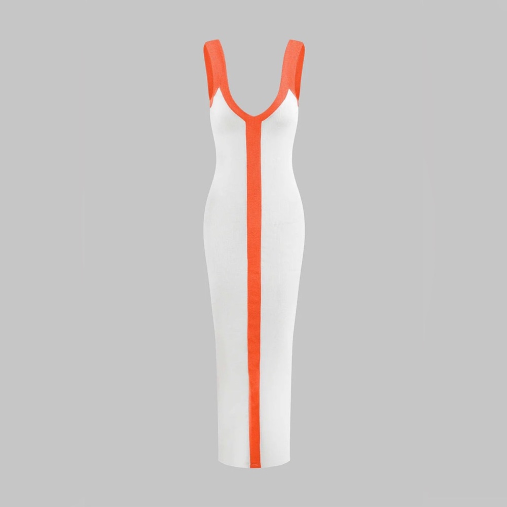 White and Orange V-Neck Bodycon Maxi Dress